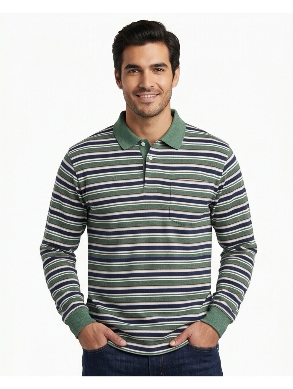 Puritan Men’s Long Sleeve Polo Shirt Size L Green Blue Striped Cotton Pocket